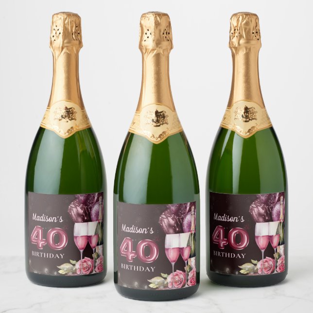 Luxury Wine & Balloons 40th Birthday Sparkling Wine Label (Bottles)