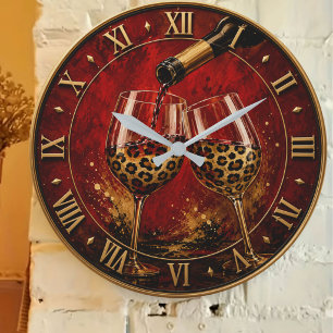 Luxury Wine Glasses & Gold Leopard Print Large Clock