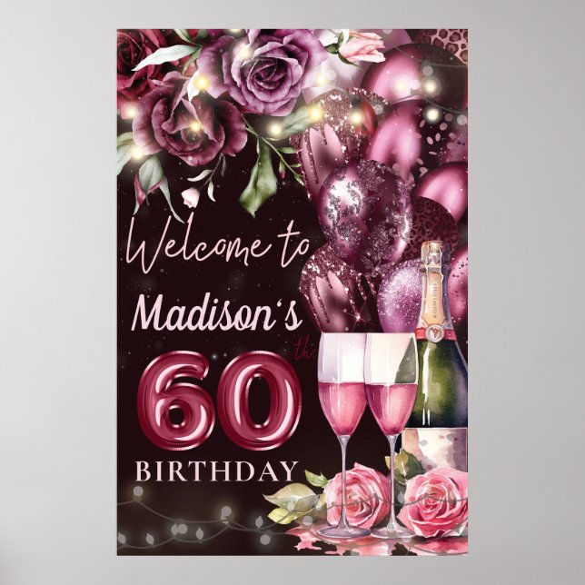 Luxury Wine Magenta 60th Birthday Welcome Sign (Front)
