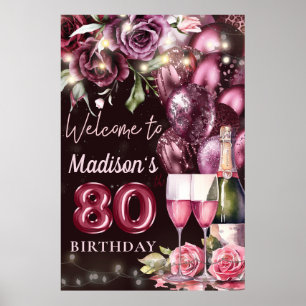 Luxury Wine Magenta 80th Birthday Welcome Sign
