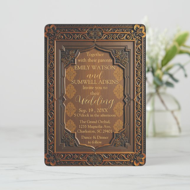 Luxury Wooden Arabesque Wedding Invitation (Standing Front)