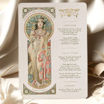 Luxus Menu Wedding Art Nouveau by Mucha Invitation<br><div class="desc">Add a touch of elegance and sophistication to your wedding reception with this Art Nouveau Wedding Menu. The watercolor artwork features one of Mucha's Muses holding a glass of champagne, creating a sense of luxury and celebration. The Art Nouveau style is chraacterised by its flowing lines and floral motifs, making...</div>