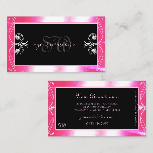 Luxuy Black Pink Sparkle Jewels Ornaments Initials Business Card (Front/Back)
