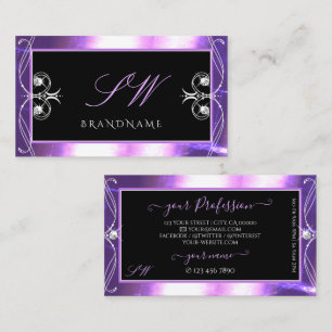 Luxuy Ornate Black Purple Sparkle Jewels Monogram Business Card