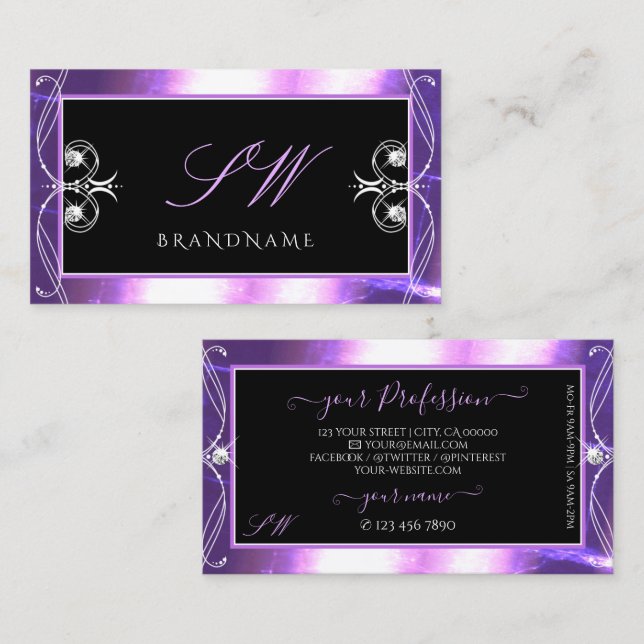 Luxuy Ornate Black Purple Sparkle Jewels Monogram Business Card (Front/Back)