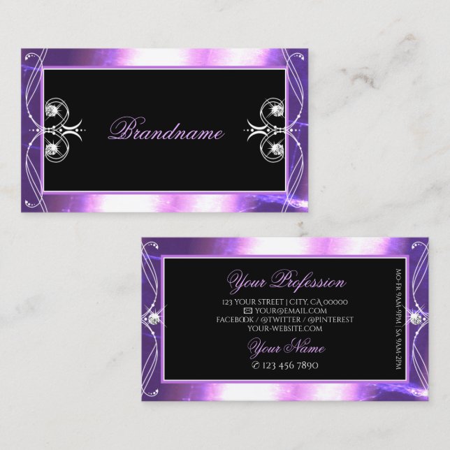 Luxuy Ornate Black Purple Sparkle Jewels Squiggled Business Card (Front/Back)