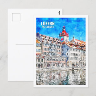Luzern Switzerland Famous Travel Watercolor Sketch Postcard