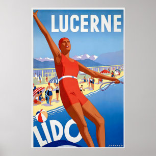 Luzerne Lido Switzerland Beachfront Lake Vintage Poster