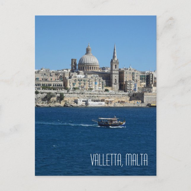 Luzzu Fishing Boat Valletta Skyline Harbour Malta Postcard (Front)