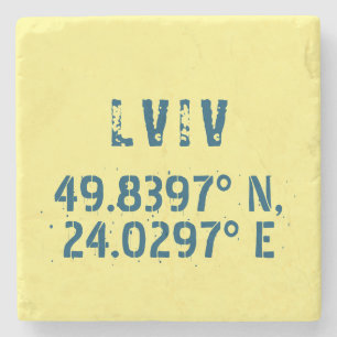 Lviv Ukraine Latitude & Longitude Distressed Stone Coaster