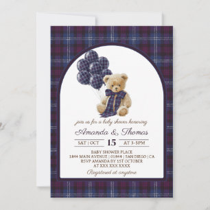 Lxury Bear Balloons Plaid Baby Shower Invitation
