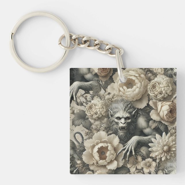 Lycanthropic Splendour – Gothic Werewolf Floral  Key Ring (Front)