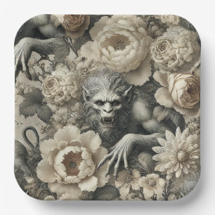 Lycanthropic Splendour – Gothic Werewolf Floral  Paper Plate