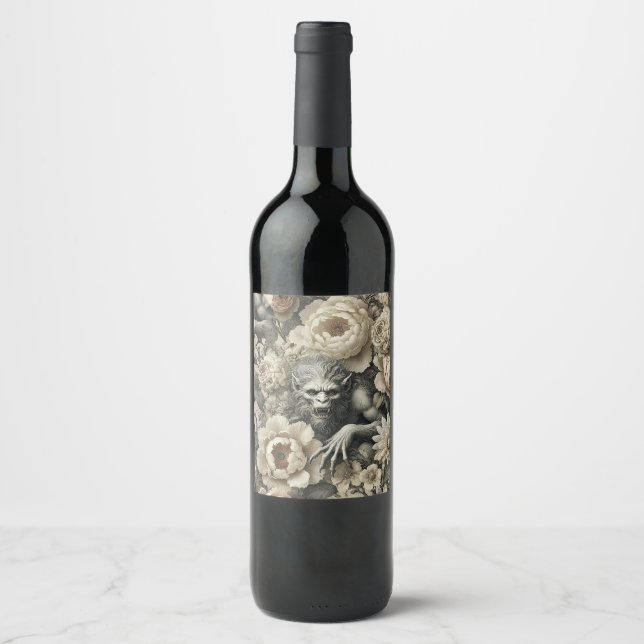 Lycanthropic Splendour – Gothic Werewolf Floral  Wine Label (Front)