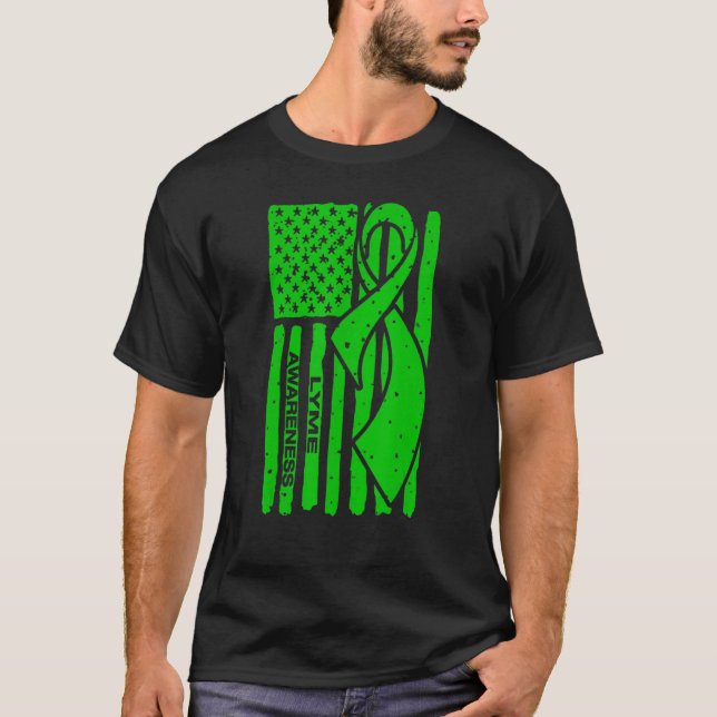 Lyme Disease Awareness Month Ribbon American Flag T-Shirt (Front)
