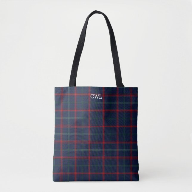 Lynch Clan Tartan Navy Blue Plaid Monogram Tote Bag (Front)