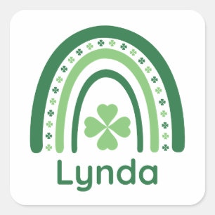 Lynda Name Clover Boho Rainbow Square Sticker