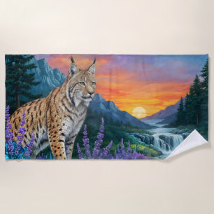 Lynx at sunrise by waterfall beach towel
