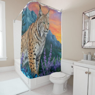 Lynx at sunrise by waterfall shower curtain