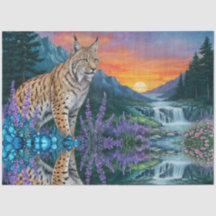 Lynx at sunrise by waterfall