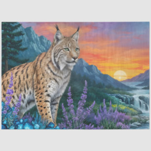 Lynx at sunrise by waterfall tissue paper