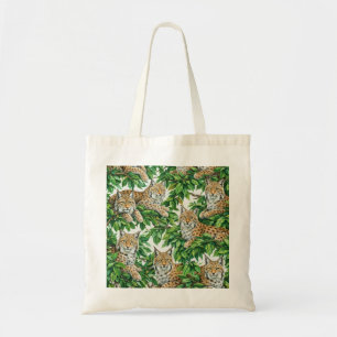 Lynx Cats in Lush Green Botanical Foliage Pattern Tote Bag