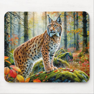 Lynx in Autumn Forest Watercolor Mouse Mat