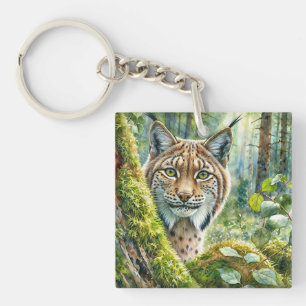 Lynx in Lush Green Forest Watercolor Key Ring