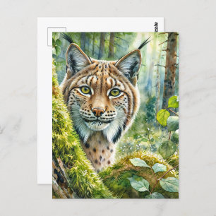 Lynx in Lush Green Forest Watercolor Postcard