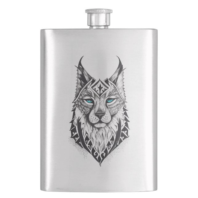 Lynx Wild Animal Nature Illustration Art Tattoo Hip Flask (Front)