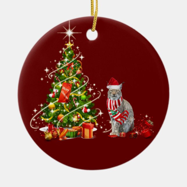 Lynx With Hat Scafts  Christmas Ceramic Tree Decoration (Front)