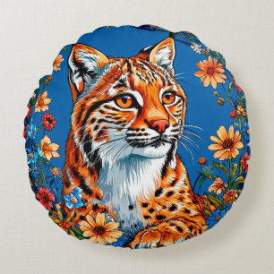 Lynx with vibrant orange fur round cushion