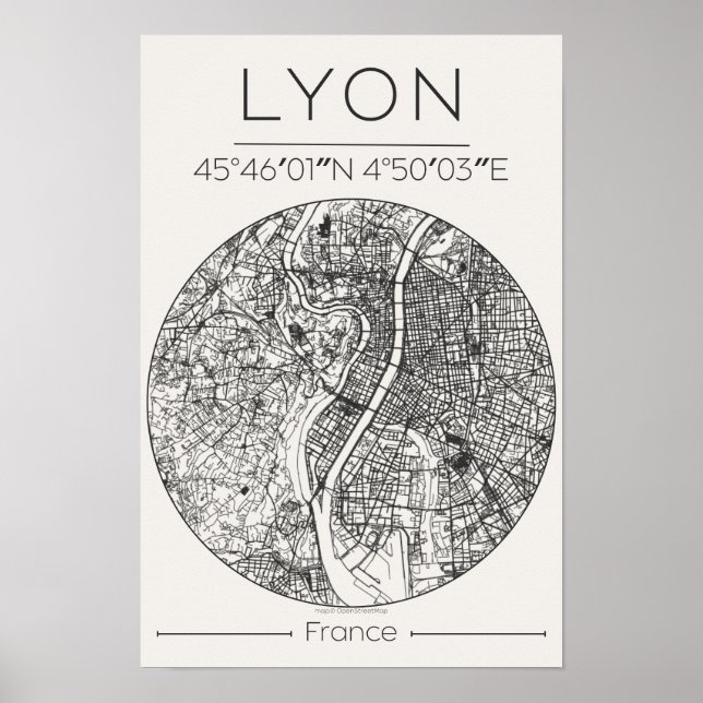 Lyon City Map Poster – Minimal Charcoal Wall Art (Front)