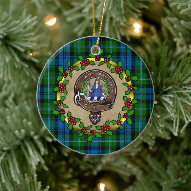 Lyon Clan Badge & Tartan Personalised Christmas Ceramic Tree Decoration (Tree)