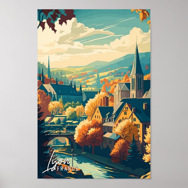 Lyon France Art vintage travel illustration Poster (Front)