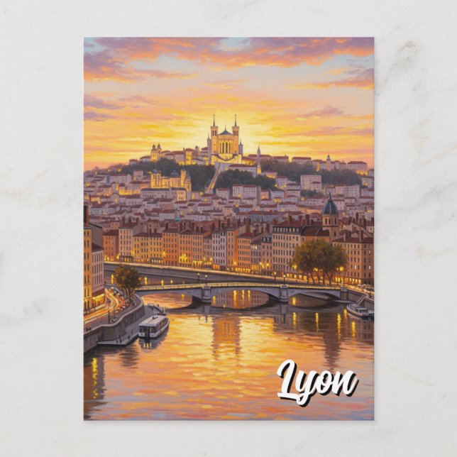 Lyon France Basilica Sunset Travel Postcard (Front)