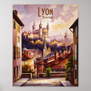 Lyon France Travel Vintage Watercolor Cityscape Poster