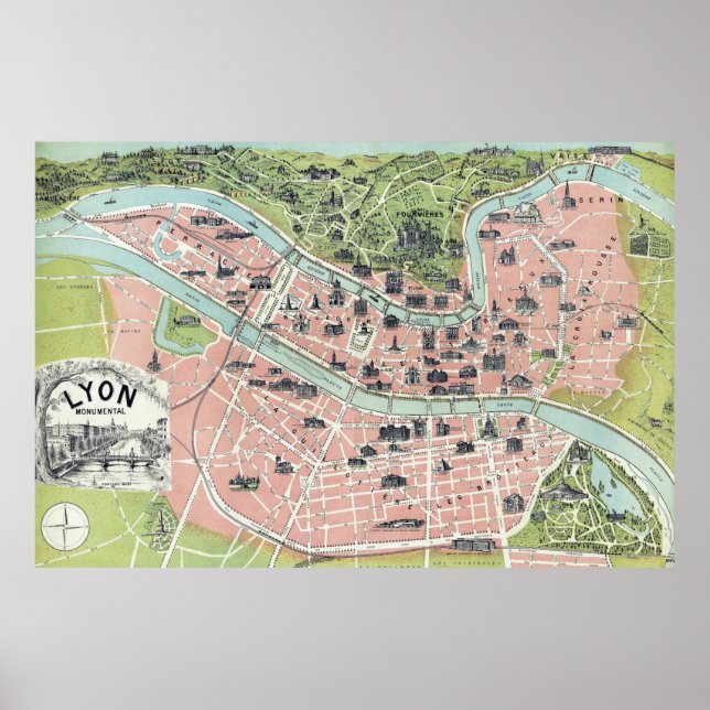 Lyon Monumental Map Garnier Freres Paris 1894 Poster (Front)