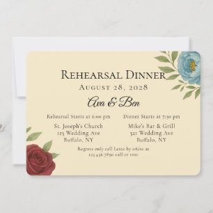 Lyons Blue & Dark Red Peony Rehearsal Dinner Invitation