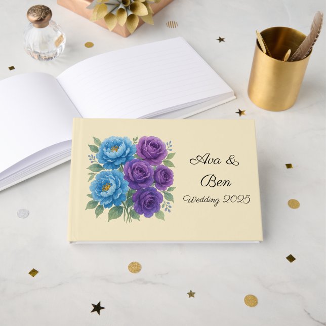 Lyons Blue Peony and Fig Purple Rose Wedding Guest Book (Front Open)