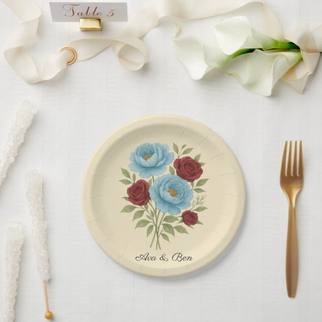 Lyons Blue Peony and Fig Purple Rose Wedding Paper Plate (Wedding)
