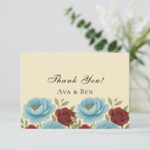 Lyons Blue Peony and Red Roses Wedding Thank You Card