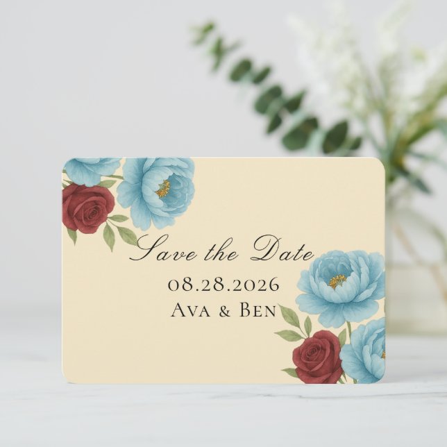 Lyons Blue Peony & Red Rose Save the Date (Standing Front)