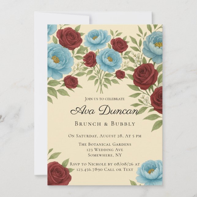 Lyons Blue Peony & Red Roses Brunch & Bubbly Invitation (Front)