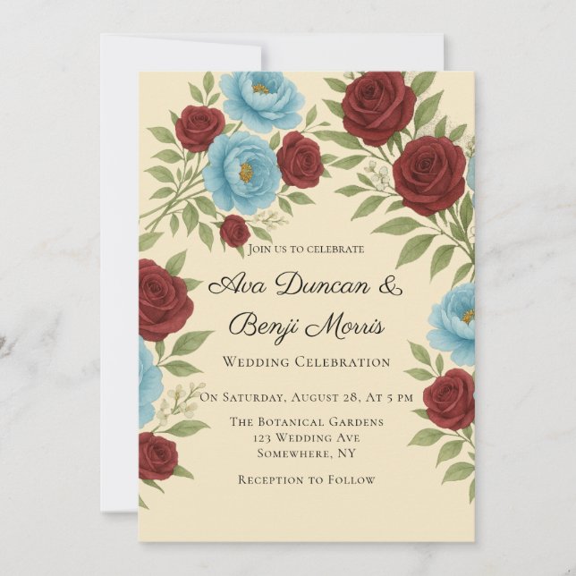 Lyons Blue Peony & Red Roses Wedding Celebration Invitation (Front)