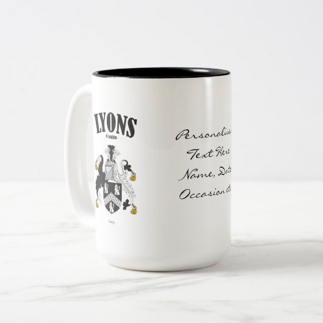 Lyons Family Crest, Translation & Meaning Two-Tone Coffee Mug (Front Left)