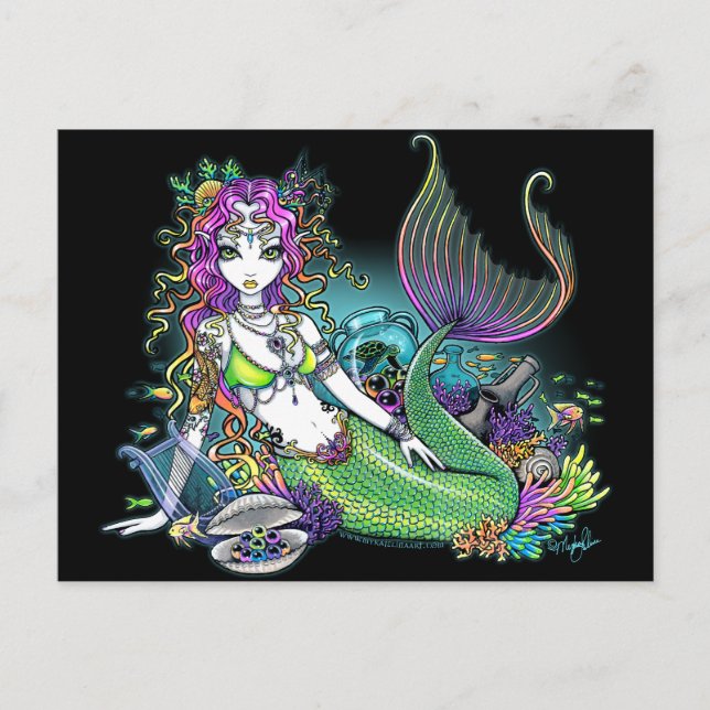 "Lyra" Tropical Rainbow Mermaid Art Postcard (Front)