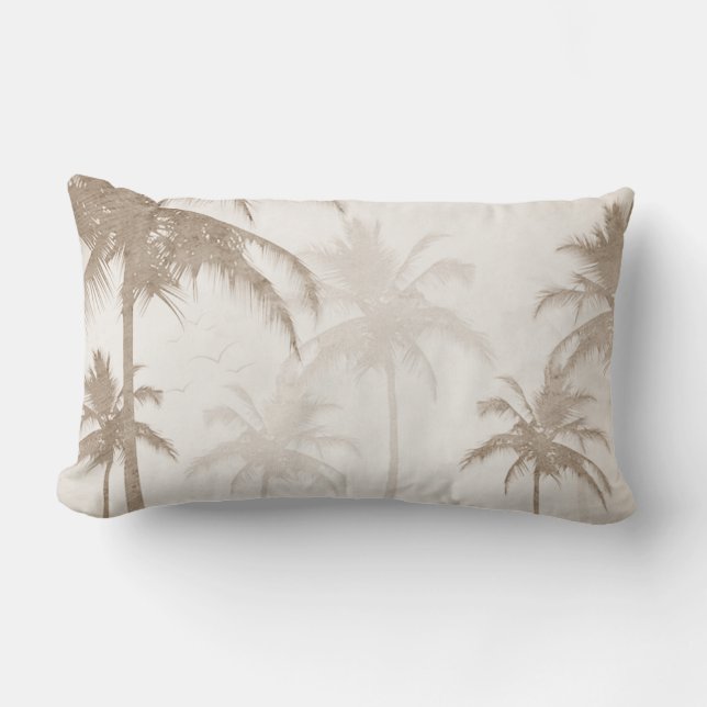 Lyrical Vintage Sepia Tropical Palms Birds Lumbar Cushion (Front)