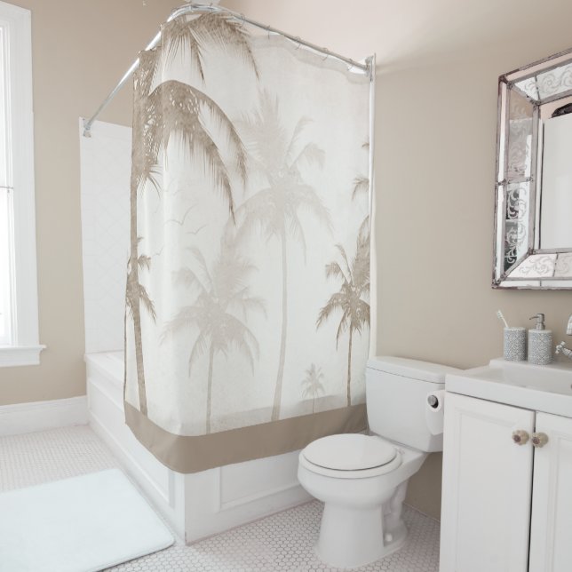 Lyrical Vintage Sepia Tropical Palms Birds Shower Curtain (In Situ)