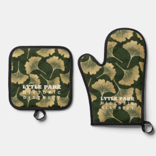 Lytle Park-Gold Ginko Pattern Potholder Oven Mitt & Pot Holder Set